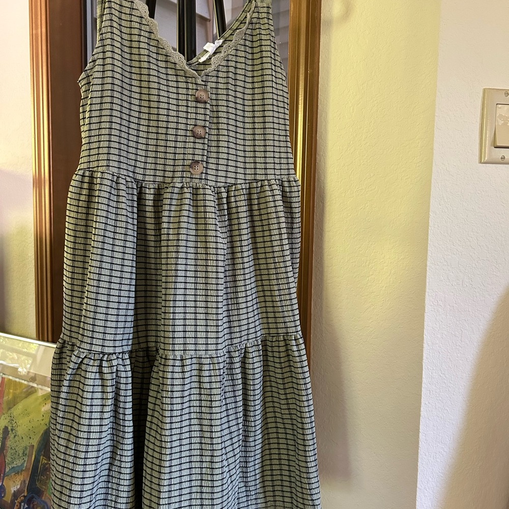 Tiered Plaid Midi Dress in Olive Green
